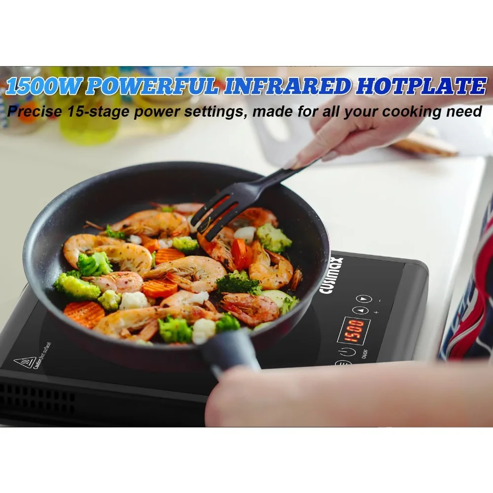 Hot Plate Electric Stove with LED Display, Portable Infrared Electric Burner Ceramic Cooktop, Adjustable 15 Power
