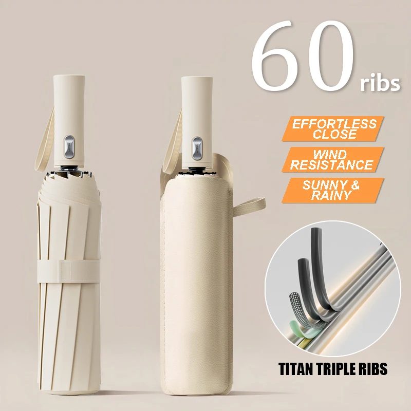 

60Bones Windproof Fully Automatic Folding Umbrella Effortless Close UPF2000+ Portable Compact Premium Sunny Rainy Umbrellas Gift