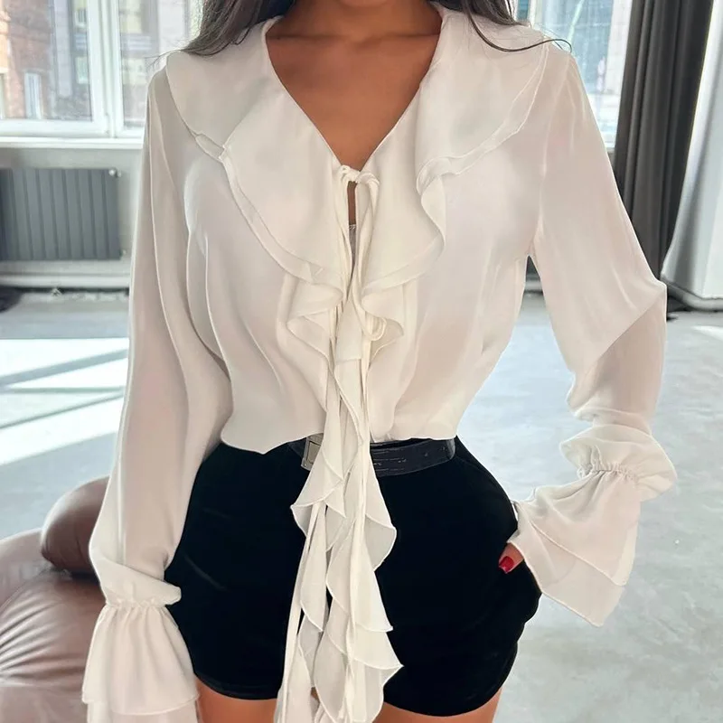 

Sweet Sle Женский V-ne irt Faionable Плиссированный шифоновый топ Bell Sve Длинный све для девочек College Sle Обычный тонкий