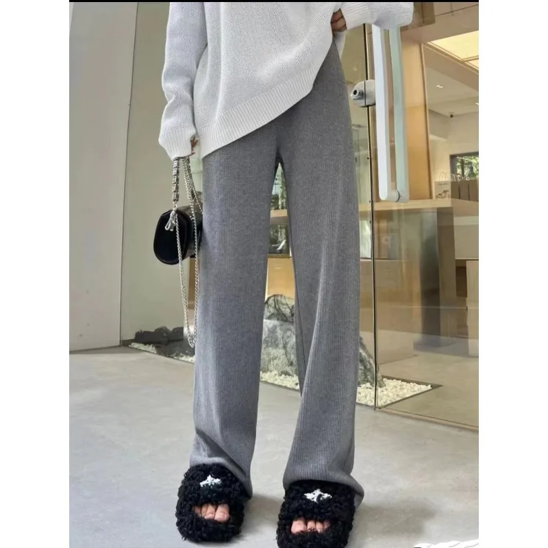 

New Autumn Winter Imitation Cashmere Straight Wide-leg Walking Pants for Women Hong Kong Style Elastic Drawstring Trousers