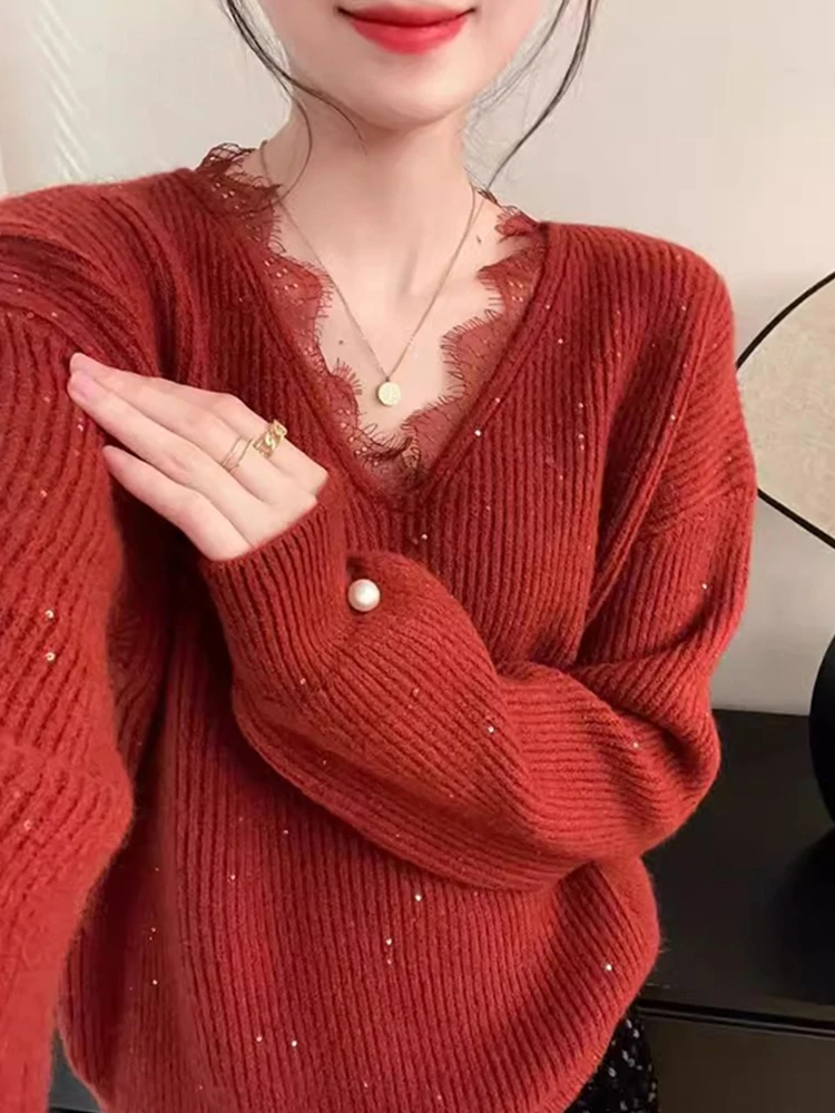 

Женский свитер Camere с кружевной отделкой и V-Ne, модная утягивающая основа irt, удобный топ, корейский Sle Long Sve