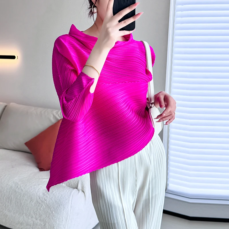 Miyake Pleated Asymmetry Loose Summer Shirt Tops New Fashion Designer Women Half High Collar Long Sleeve Elastic T-Shirt Ladies