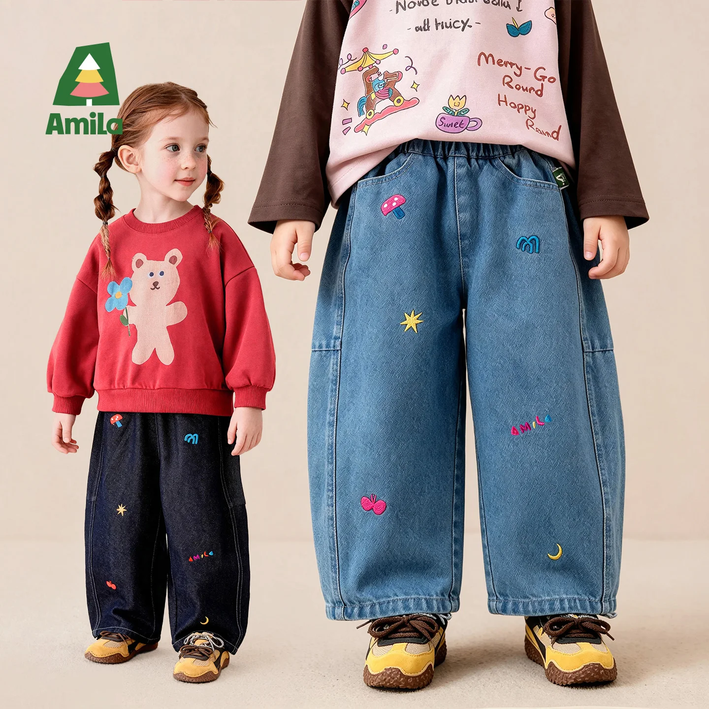 Amila 2026 Autumn New Kids Jeans Two Tone Cute Embroidery Carrot Pants Segmented Patchwork Fashion Comfortable Daily Long Pants