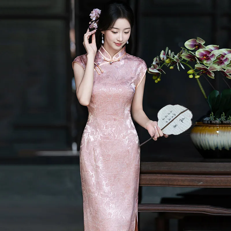 

Pink Chinese Style Long Sleeveless Cheongsam 2025 New Young Style Women's Retro Slim Fit Spring and Autumn Qipao