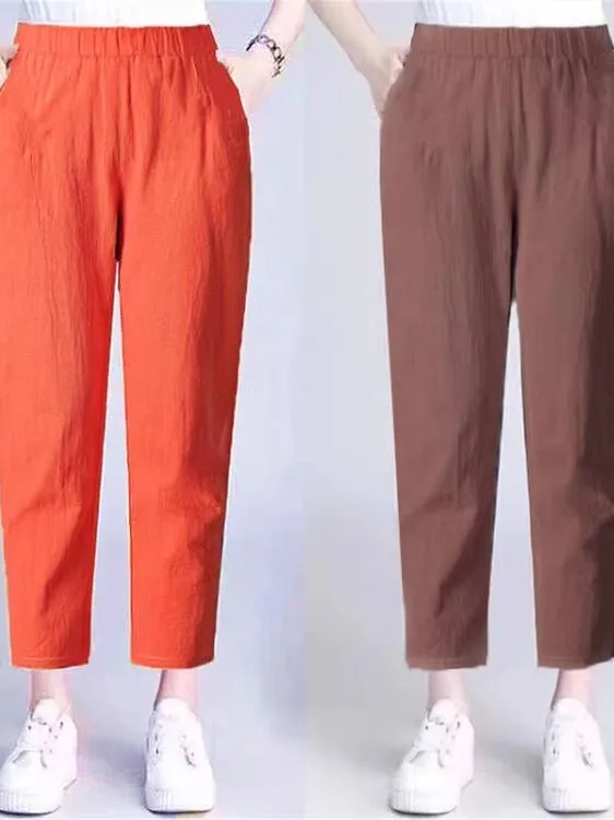 فضفاض مرونة الخصر القطن الكتان هارلان السراويل الكورية Sle تخفيف Faion منتصف العمر أمي الصيف سراويل تقليدية تسع نقاط السراويل #2
