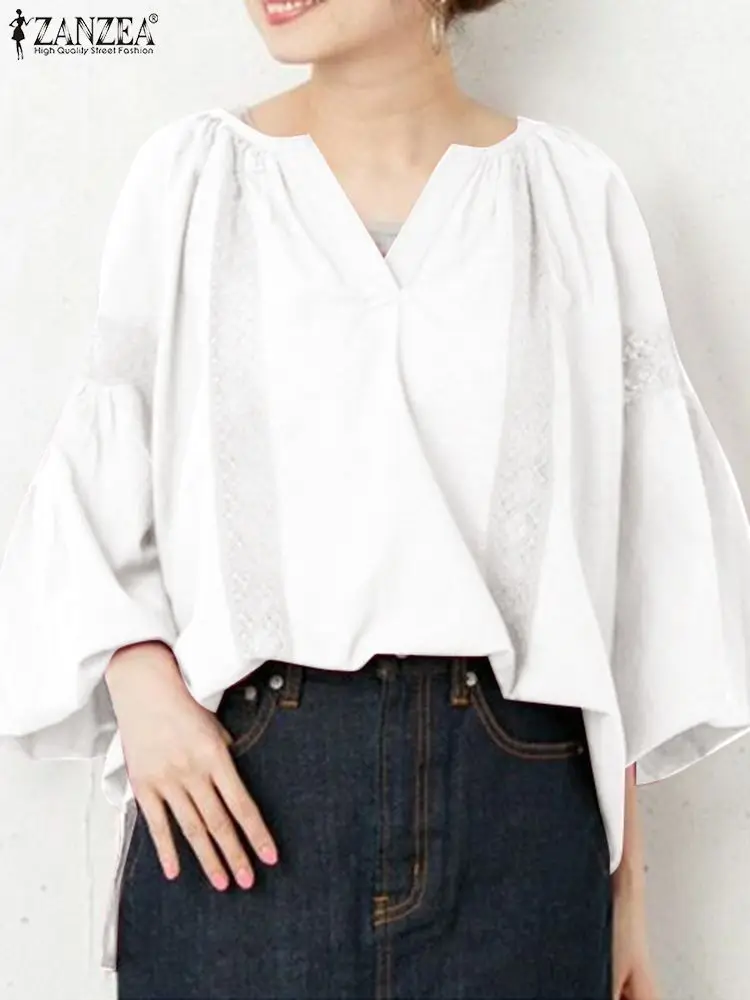 ZANZEA Oversize Women Summer Blouse Elegant V Neck Flraed Sleeve Shirt Casual Baggy Work Tops Stylish Patchwork Party Blusas