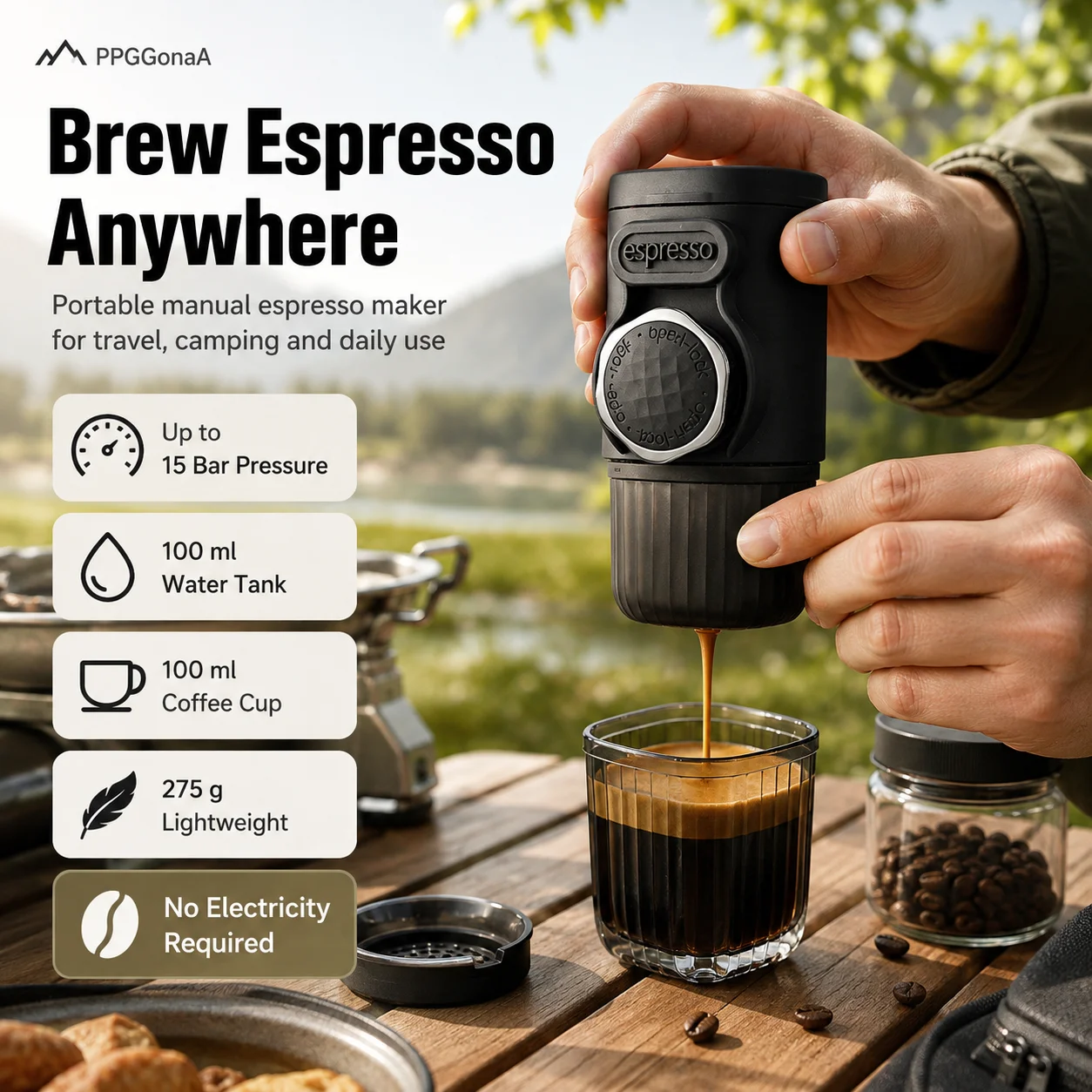 Portable Manual Espresso Maker 15 Bar Hand Press Coffee Machine for Ground Coffee & 37×28mm Capsules Travel Camping