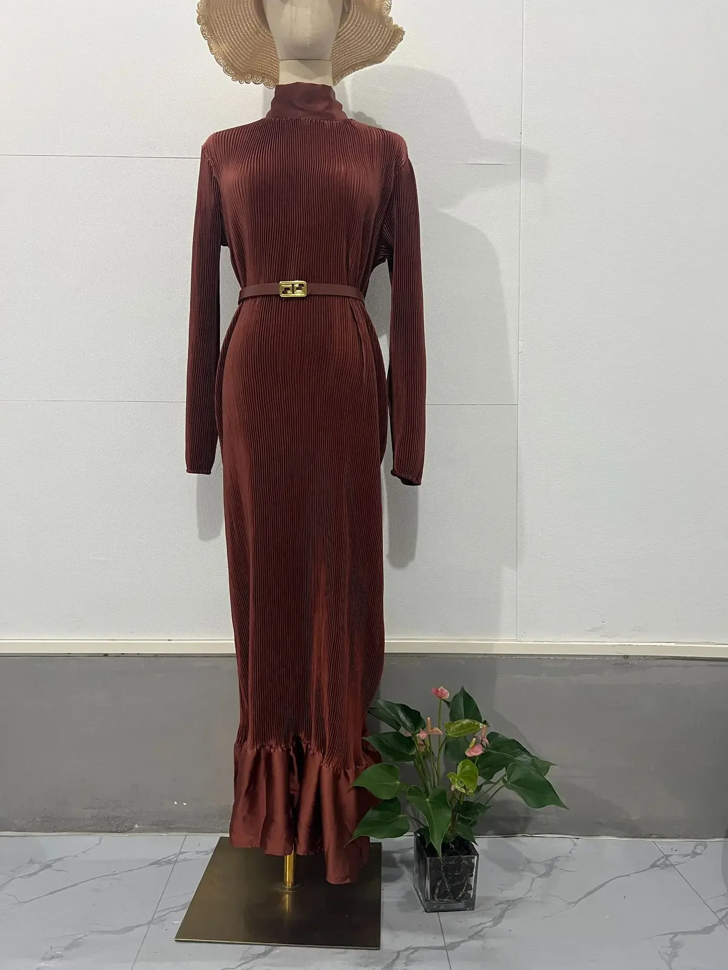 Vestido plisado con volantes para mujer, Túnica de Cuello medio alto, línea A delgada Vintage, Vestido de fiesta de noche, Abaya musulmana, caftán de Dubái