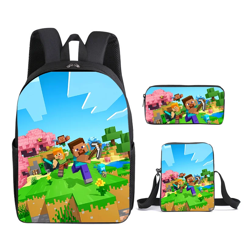 マイナーキャラクターバックパック-3-個セット-ボーイズスクールバッグ-ランチバッグ-ペンシルポーチ-学生用品-新学期ショルダーパック-ナップサック