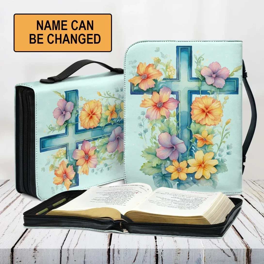 

2024 Women's Personalized Bible Bag Pretty Floral Cross Design PU Leather Holy Bible Storage Bags Handle Handbags With Zipper