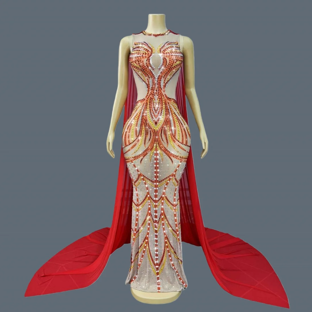 

Festival Celebrate Birthday Party Long Cloak Floor-length Dress Night Event Show Evening Gown Sparkly Rhinestone Wear Huoshaoyun