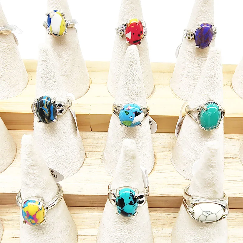 20 teile/los Großhandel Bunte Oval Naturstein Finger Ringe Für Frauen Böhmen Mix Stil Silber Farbe Hohl Legierung Metall Schmuck – Detail 9