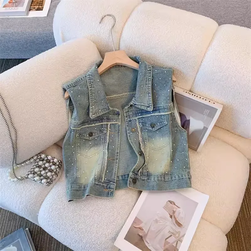 2024 Summer Women New Frayed Burrs Diamond Short Cowboy Waistcoat Light Blue Slim Lapel Sleeveless Denim Vest Female Basic Coat