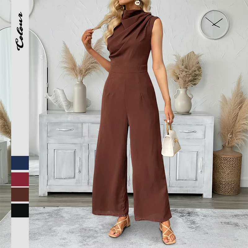 Chic Summer Women Jumpsuits Fashion Casual Elegant Commuter Style Jumpsuit Sleeveless Solid Swing Collar Wide-leg Jumpsuit Y2K