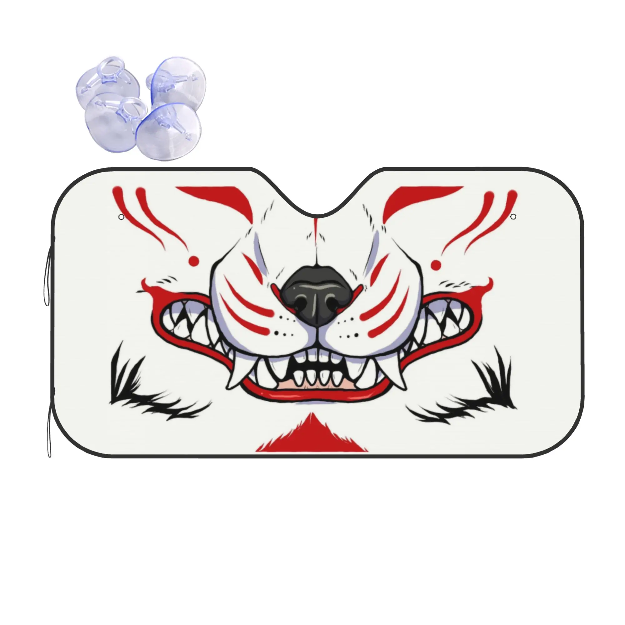 Oni Demon Kitsune Grin Car Front Windshield Sun Visor Heat Insulation Fox Aunumart Japanese Portable Aluminum Foil Auto Visor