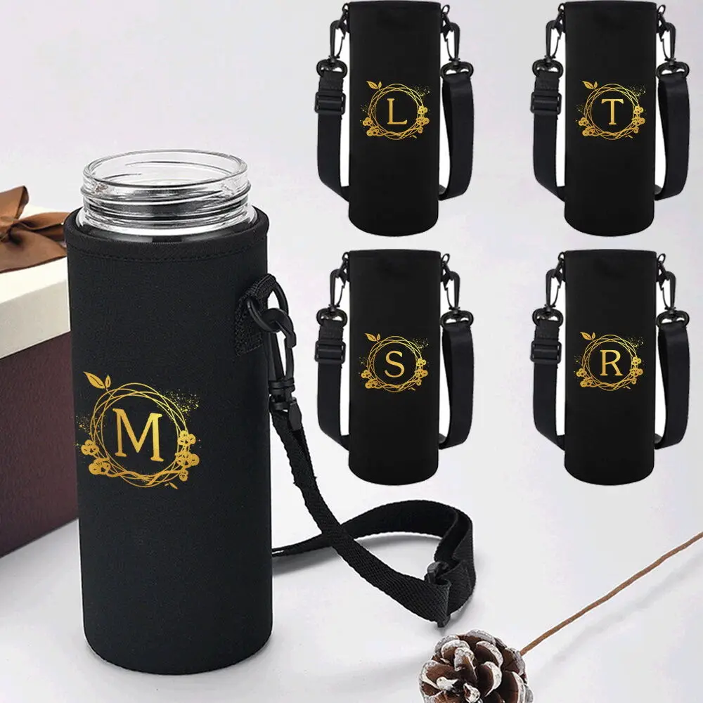 

Water Bottle Sleeve with Adjustable Strap, Portable Insulated Water Cup Sleeve for Stainless Steel Bottles Wreath Letter Pattern