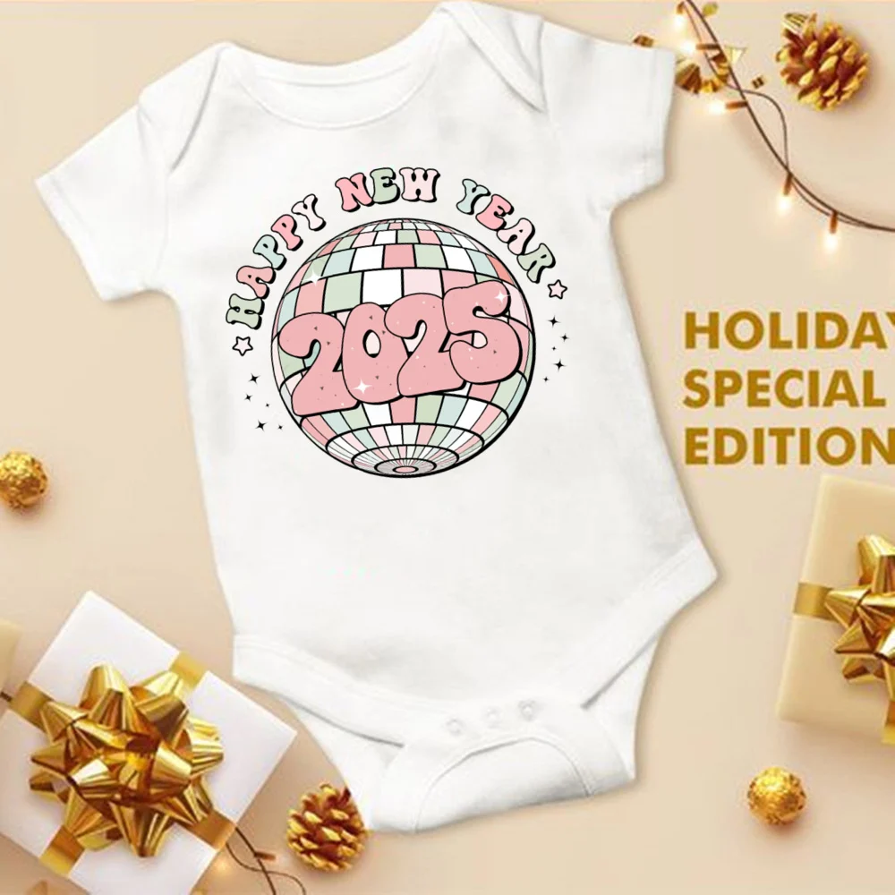 Happy New Year 2025 Print Baby Bodysuit Cute Infant New Year Outfit Newborn Short Sleeve Romper Holiday Toddler Clothes Jumpsuit