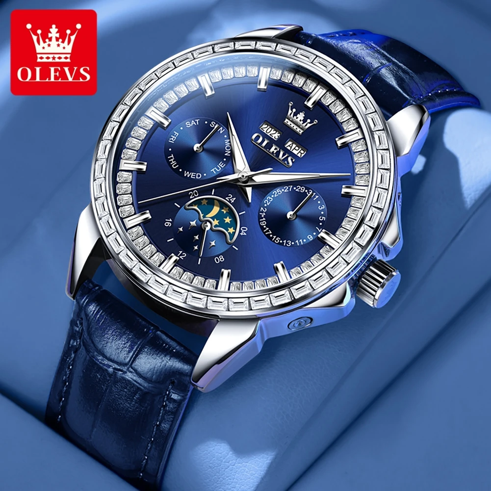 

OLEVS Original Men's Watches Week Calendar Moon Phase 24 Hour Man Watch Luxury Diamond Automatic Mechanical Wrist Watch for Men