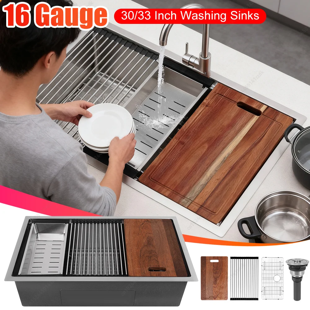 

304 Stainless Steel Large Kitchen Sink with Accessories Single Bowl Ledge Workstation 16 Gauge Undermount Kitchen Sink Set 30/33