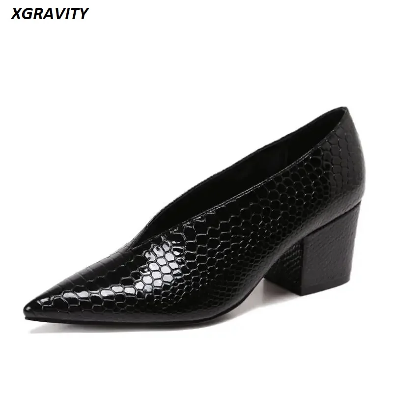 XGRAVITY Crocodile Pattern Designer Vintage Evening Shoes Ladies Fashion Pointed Toe V Cut Woman Shoes High Heel Pumps Sexy C076