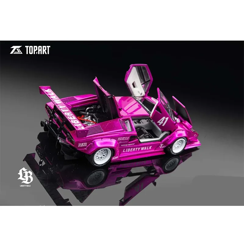 Nowość w magazynie LB 1:64 Skala Custom Show Limited Sportowy samochód w stylu Countach, różowy model ze stopu z gablotą, kolekcjonerska zabawka
