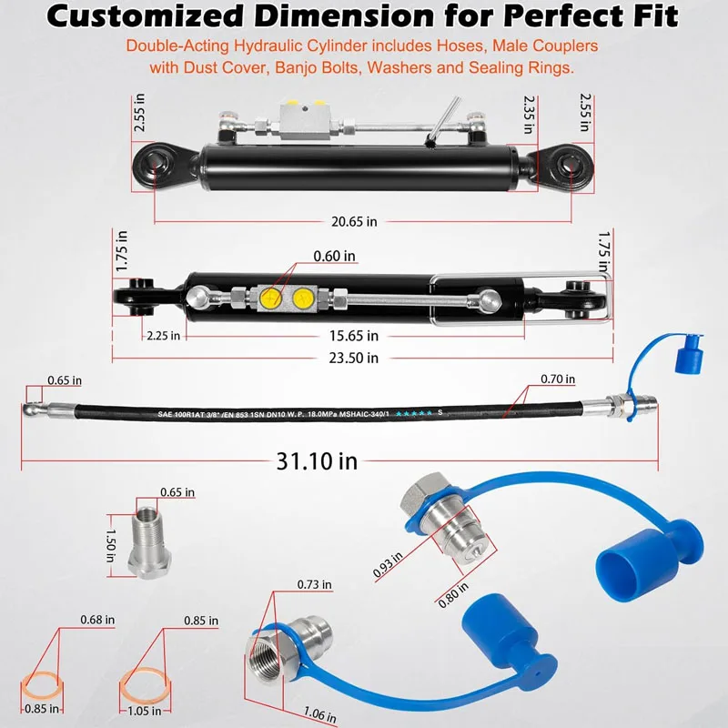 SPH320033 Hydraulic Top Link Cat. 1-1 with Locking Block 20 7/8” - 31 7/8” with 2 x Hose, Two-Way Check Valve Hydraulic Cylinder