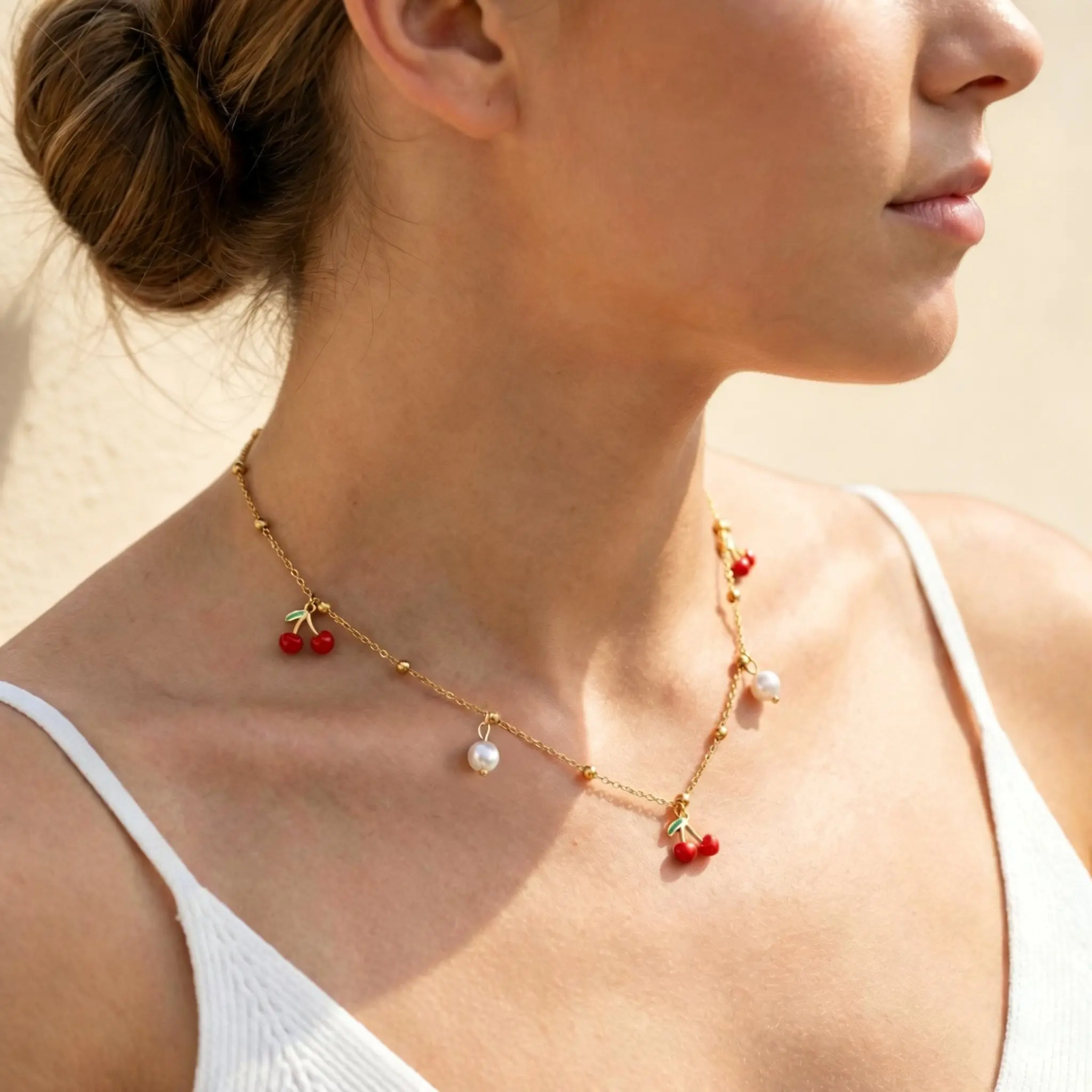 Vnox Sweet Cherry Pendant Clavicle Chain 18K Gold Plated Cherry Imitation Pearl  Charms Necklace Summer Waterproof Jewelry Gift