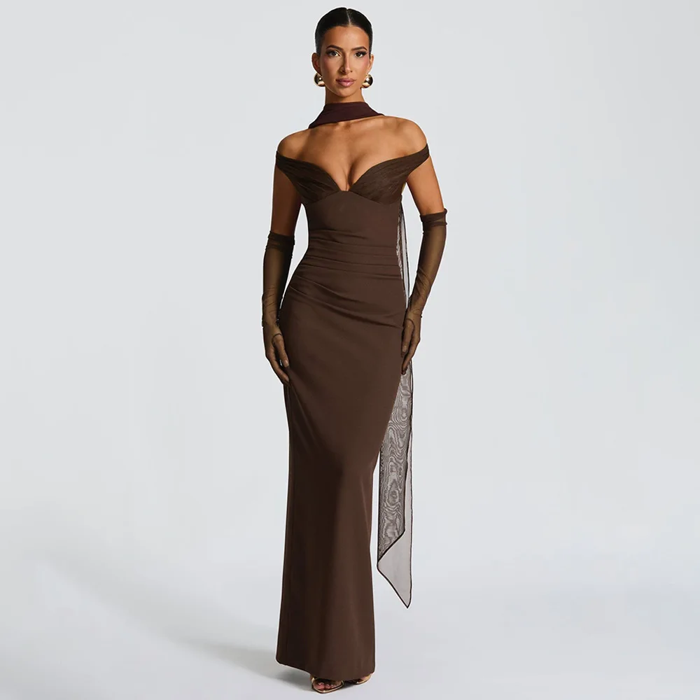 Scarf Collar Off-shoulder Sexy Maxi Dress Women Gown Fashion With Sleeve Strapless Backless Club Party Long Dresses