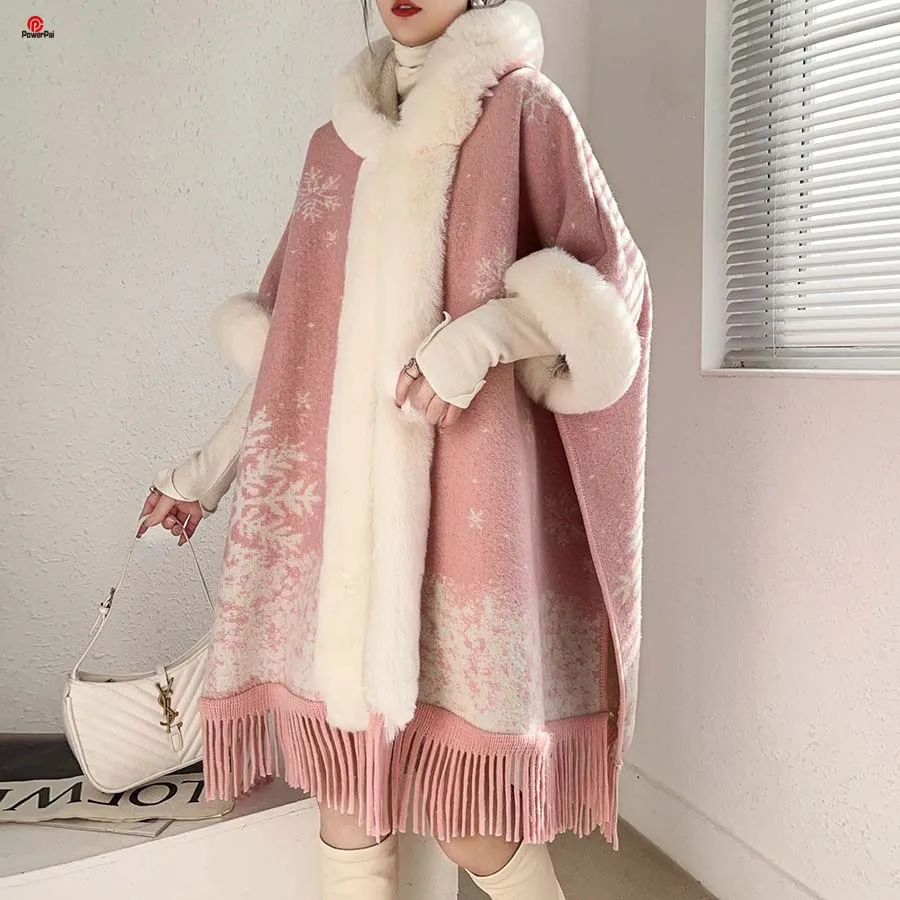 

Fashion Soft Warm Wool Blends Faux Fur Cape Coat Hood Women Winter Batsleeves Cardigan Long Thicken Cloak Outerwear Dress Wraps