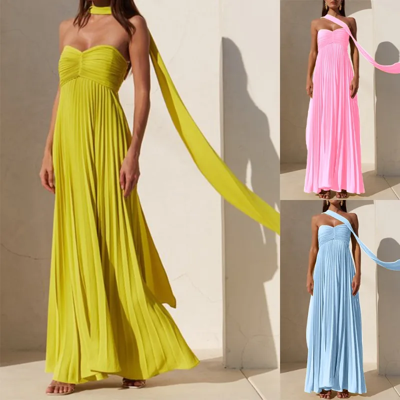 

Elegant Strapless Pleated Long Dress for Women Sexy Sleeveless Backless Design Spring Summer New Arrival Lady Evening Party Robe