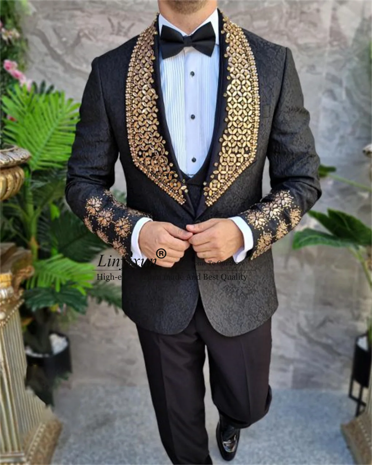 Luxury Jacquard Crystals Wedding Men Suits Glitter Beaded Groom Tuxedos 3 Pieces Sets Party Blazers Slim Male Prom Costume Homme