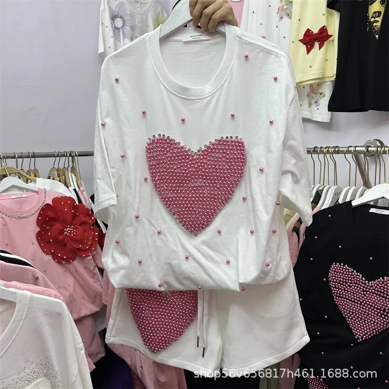 Fashion Women Two-piece Set Luxury Love Beading Loose Short Sleeve T-shirt Top + Drawstring Elastic Waist Wide Leg Shorts Suits