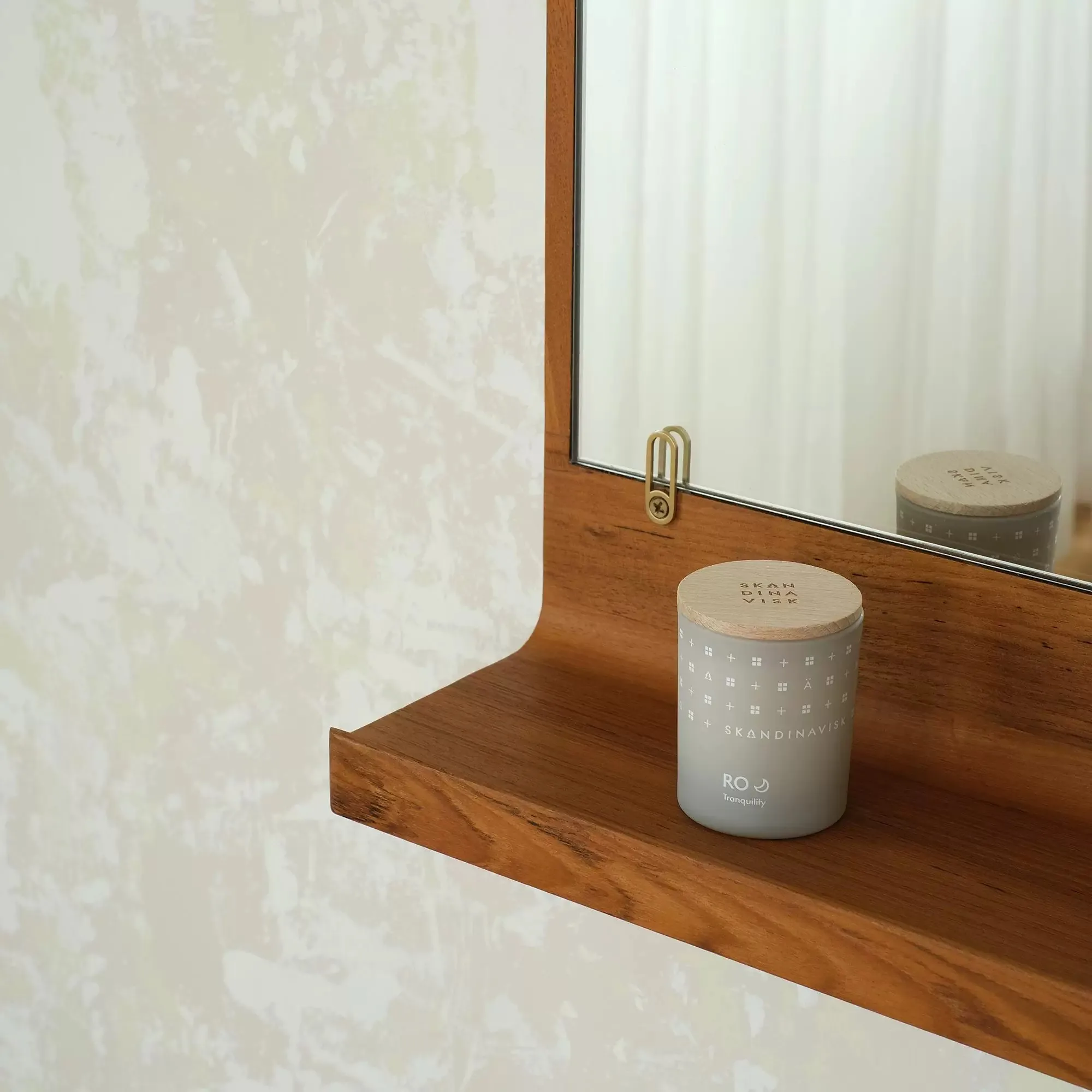 Solid Teak Wall Mirror with Storage Shelf Ultra Clear Framed Horizontal Vanity Mirror Bedroom Bathroom Decor Wall Hanging Mirror
