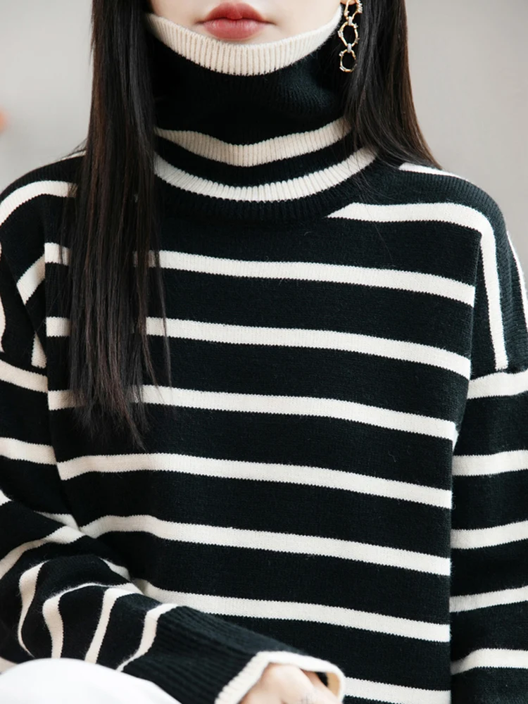 

Осень-зима, высокий полосатый трикотаж, женский свободный утягивающий универсальный свитер, базовый топ, внутренний модный повседневный свитер