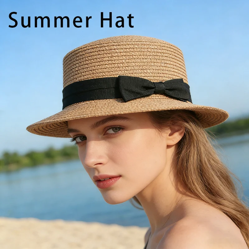 

Paper Straw Boater Hat for Women British Style Flat Brim Bow Knot Summer Sun Beach Cap Wide Brim Sun Hat for Vacation