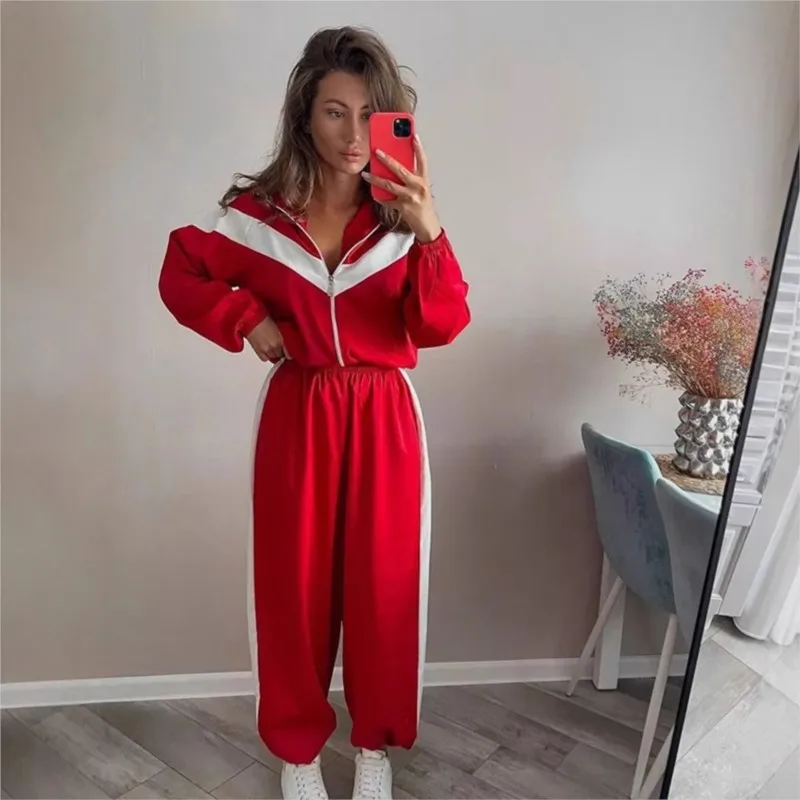 

2025 New Women's Street Style Color-Blocked Long Sleeve Zip-Up Hooded Cardigan & Joggers Two-Piece Casual Sports Set