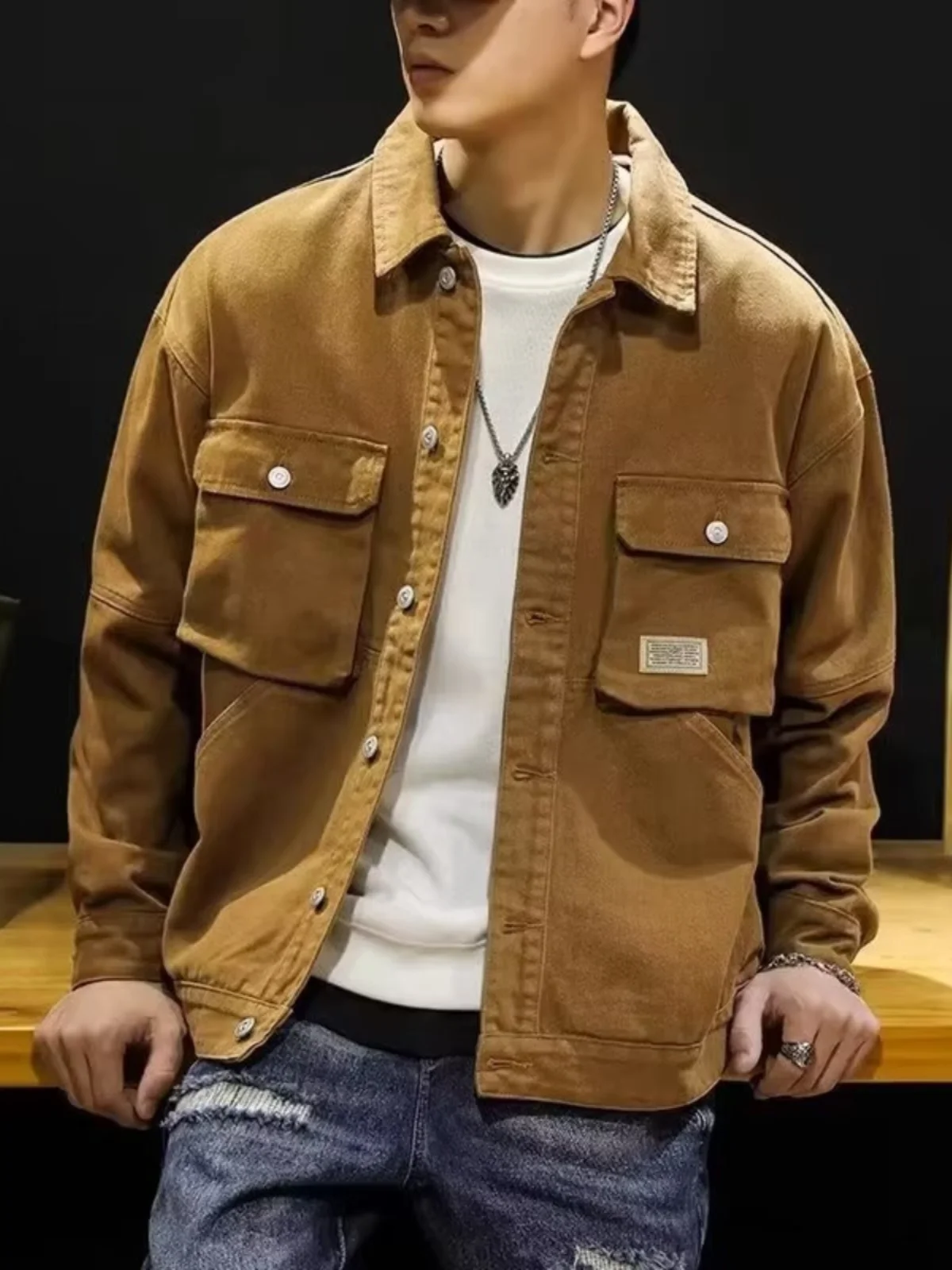 

Повседневная свободная мужская джинсовая куртка с отложным воротником, рабочая одежда, верхняя одежда, весна-осень, американский ретро бренд Faion