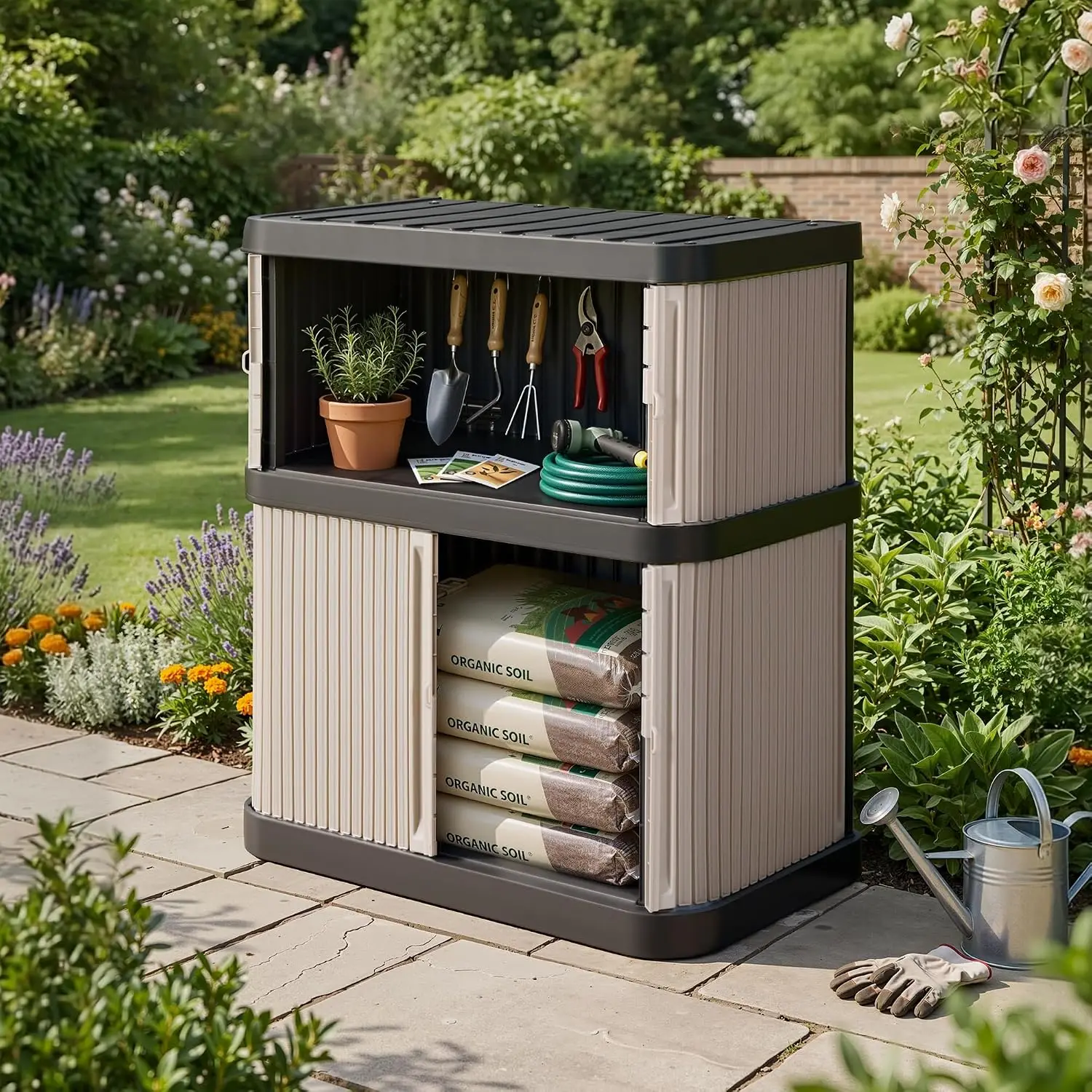 Outdoor Storage Shed 2-Tier Waterproof Lockable Plastic Cabinet with Floor for Garden Patio Backyard, Customized