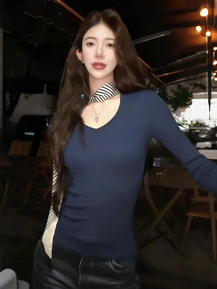 

Женская футболка с эффектом похудения V-Ne Long Sve Base irt Commute Sle, корейская базовая женская футболка, ранняя осень, Новое поступление