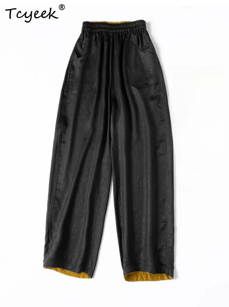 Tcyeek 100% Real Mulberry Silk Pants Women 2026 Loose Elastic Waist Wide Leg Pants Vintage Woman Clothing Pantalones De Mujer