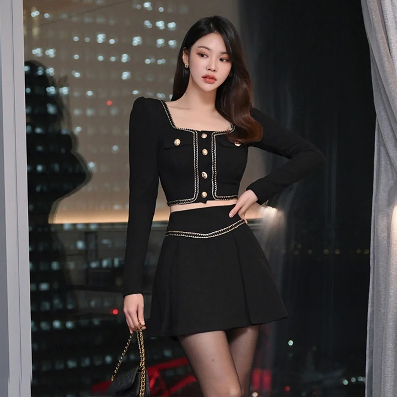 

Spring 2024 Sexy Short Coat High Waist Short Skirt Set Korean Style Two-Piece Suit Nylon Fabric Fashionable Lady Outfit
