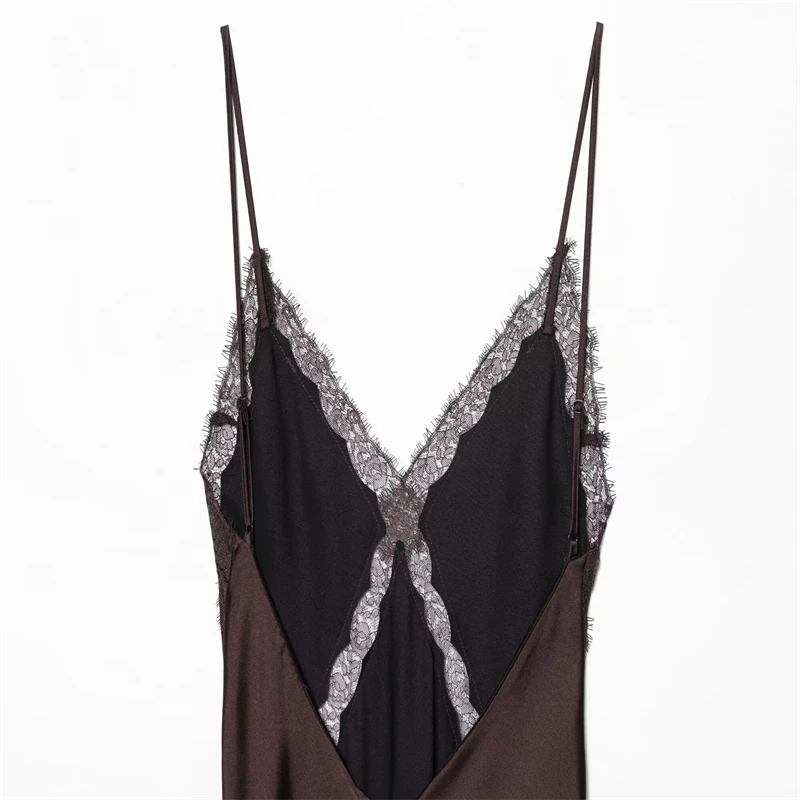 Women's Dark Brown Satin Slip Dress with Lace Trim, Spaghetti Strap V-Neck Maxi Dress, Elegant Nightwear & Party Dress"