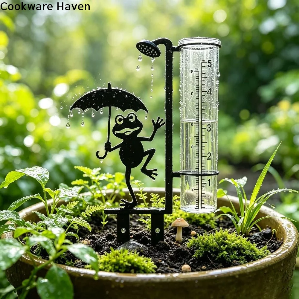 Iron Art Metal Frog Rain Gauge Stake Removable Weatherproof Garden Stake Rain Water Collector Umbrella Frog Shaped Rustproof