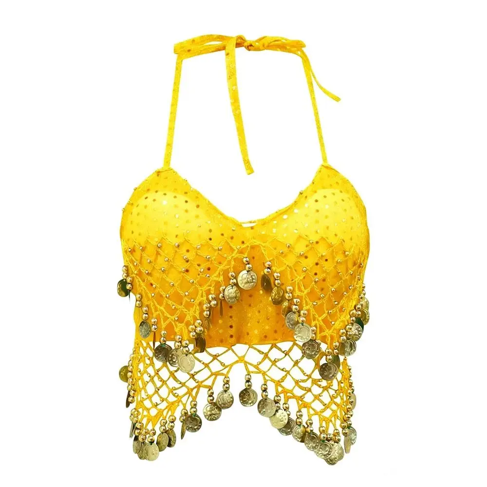 Charming Shiny Belly Dance Bra Halter Neck Tassel Stage Performance Top Dance Wear Sleeveless Sequins Crop Top Stage