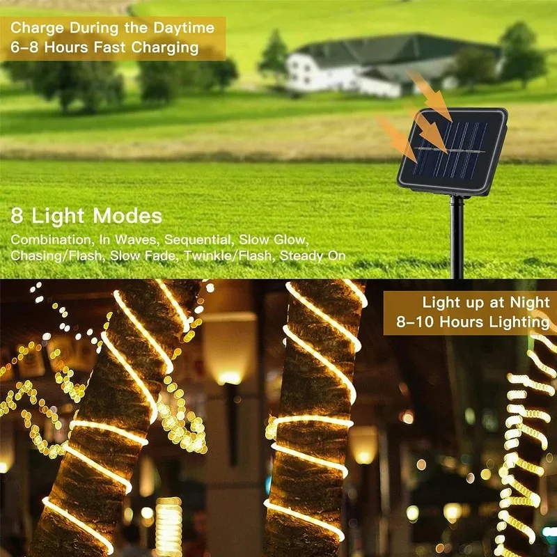 7m 12m 22m 32m Solar LED Neon Light Waterproof Ip65 Rope Light Outdoor for Garden Yard Christmas Party Decoration