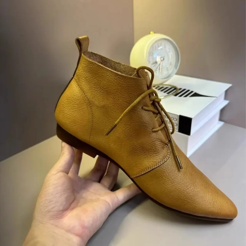 Brand Women Boots Lace-Up Ankle Boots Pointed Toe Leather Shoes Women British Style Vintage Boots 2024 Versatile Ladies Botas