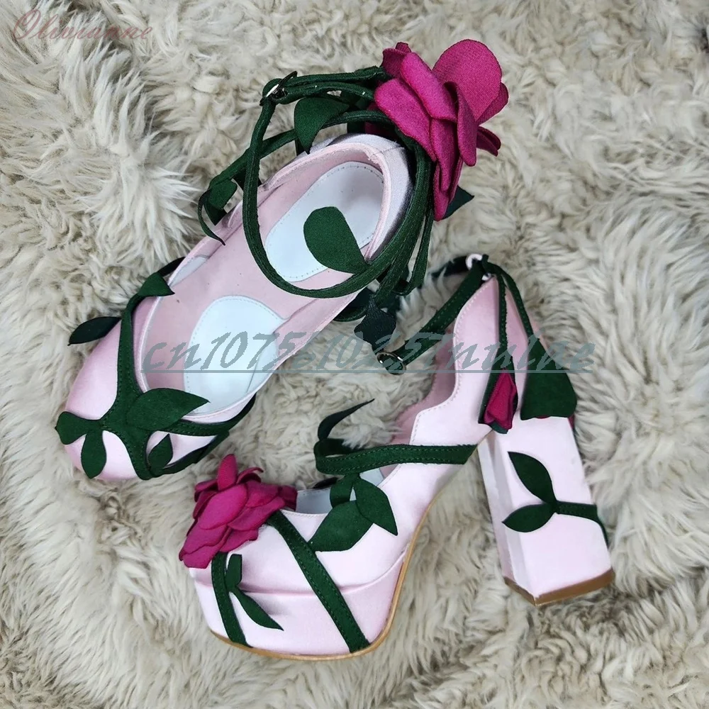 

Rose Flowers Decor Leaf Strappy Pumps Platform Round Toe Chunky High Heel Fashion Elegant Lady's Cosplay Women Shoes Fashion