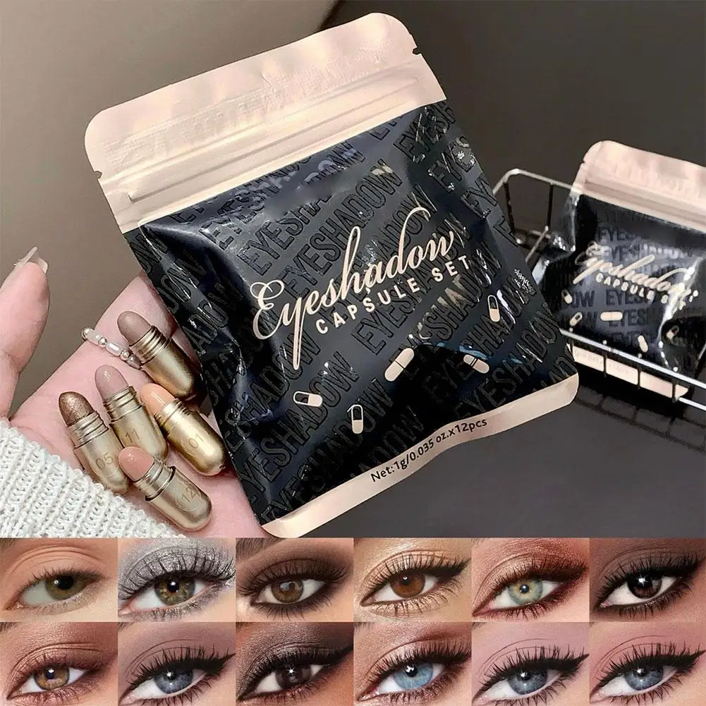 12-kleuren Capsule Oogschaduw Set 3-in-1 Matte Glitter Hoogglans Oogschaduw Perfect Make-up Look Draagbare Capsule Oogschaduw Set