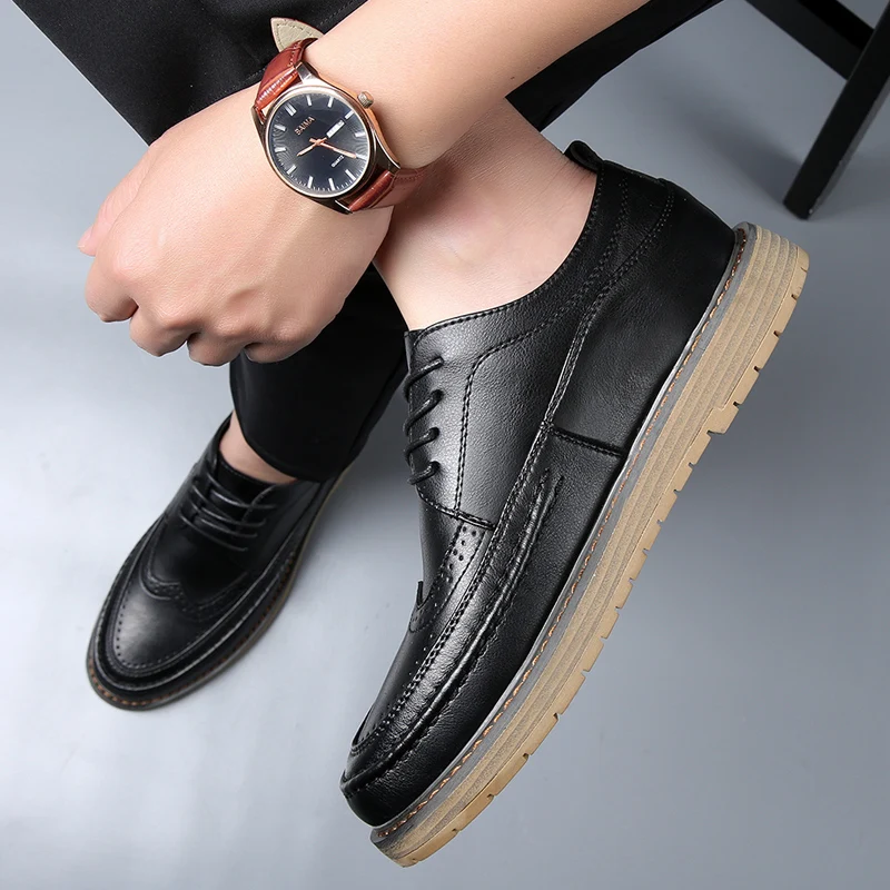 Men Black Wedding Leather Business Men Dress Round Toe Casual Youth British Style Inner Heightening Spring 2023New Arrivals Shoe