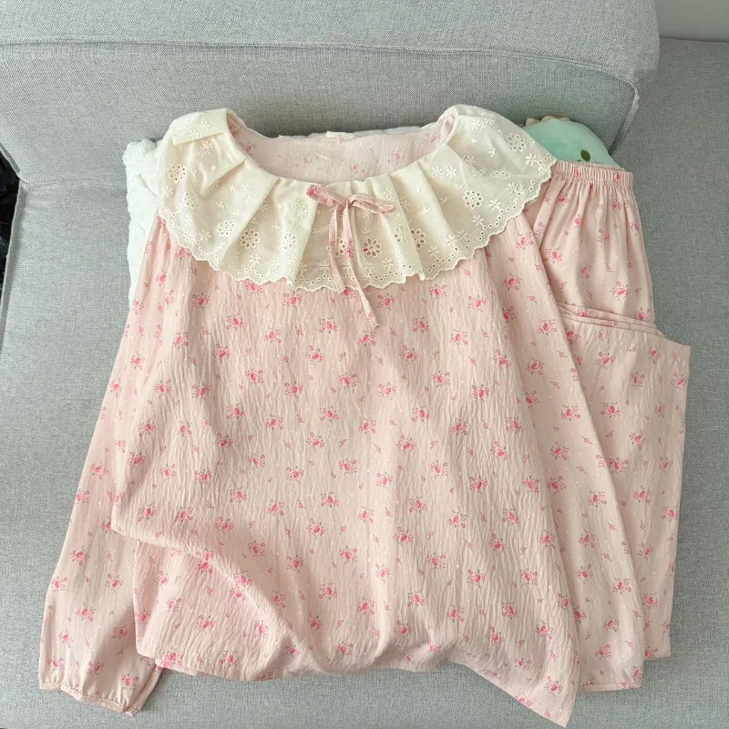 New Autum Pink Floral Print Women's Pajama Set Long Sleeve Pullover and Pants Elegant 2 Pieces Pajamas Korean Fashion Homewear